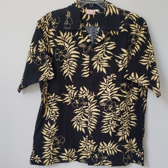 Other - Go Barefoot Aloha Shirt Men's L Hawaiian Gold Black 100% Cotton Made In USA